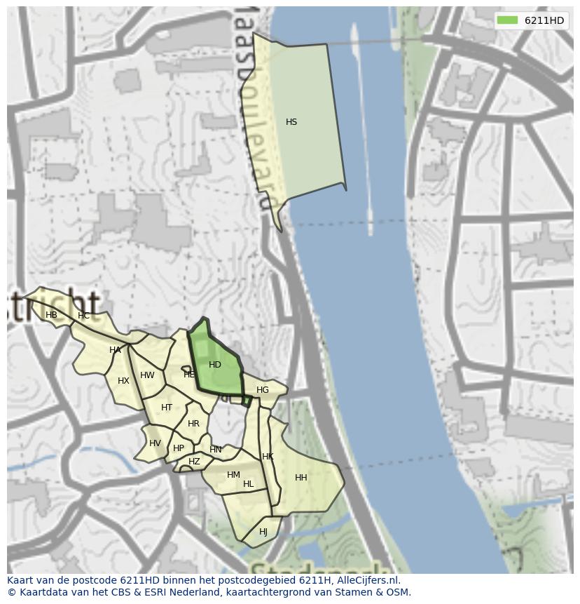 Afbeelding van het postcodegebied 6211 HD op de kaart.