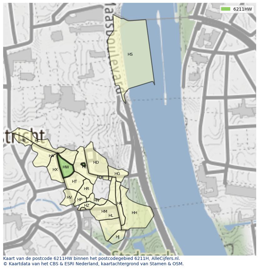 Afbeelding van het postcodegebied 6211 HW op de kaart.