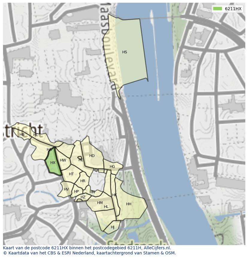 Afbeelding van het postcodegebied 6211 HX op de kaart.