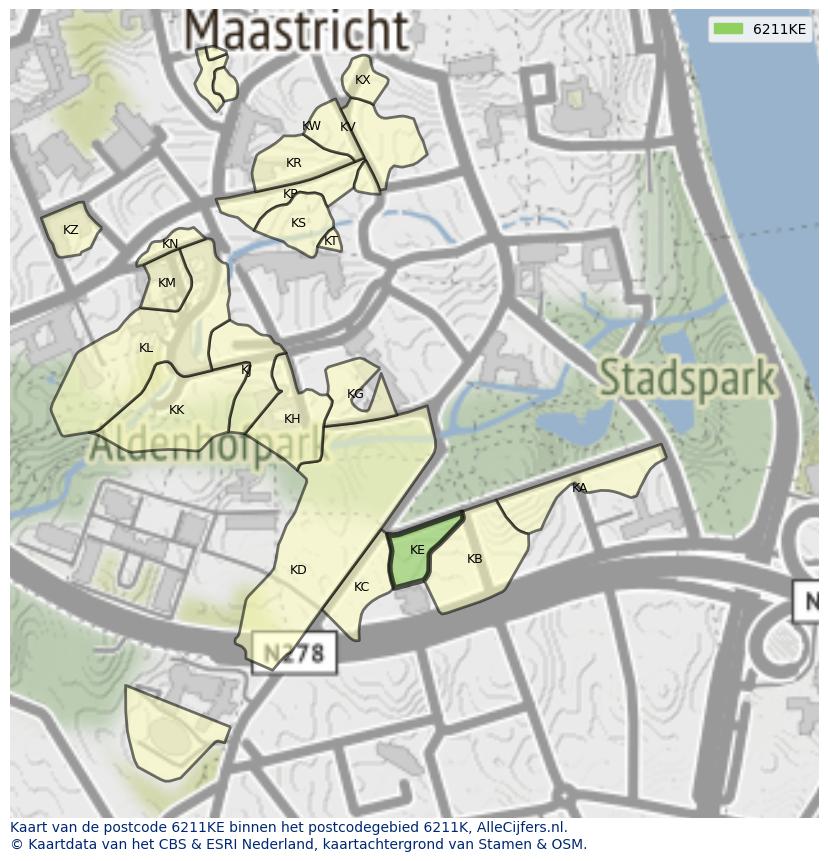Afbeelding van het postcodegebied 6211 KE op de kaart.