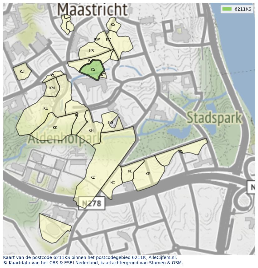 Afbeelding van het postcodegebied 6211 KS op de kaart.