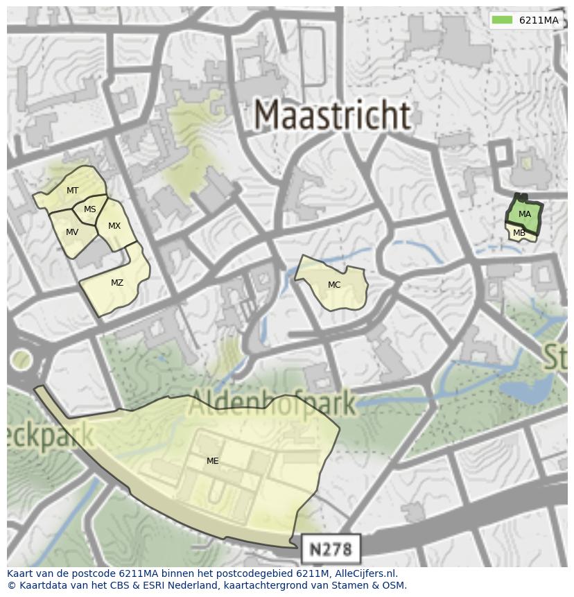 Afbeelding van het postcodegebied 6211 MA op de kaart.