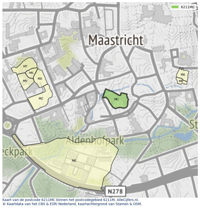 Afbeelding van het postcodegebied 6211 MC op de kaart.