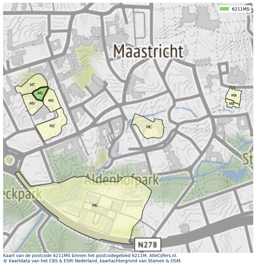 Afbeelding van het postcodegebied 6211 MS op de kaart.