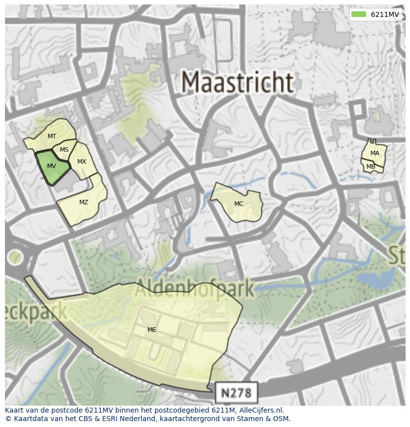 Afbeelding van het postcodegebied 6211 MV op de kaart.