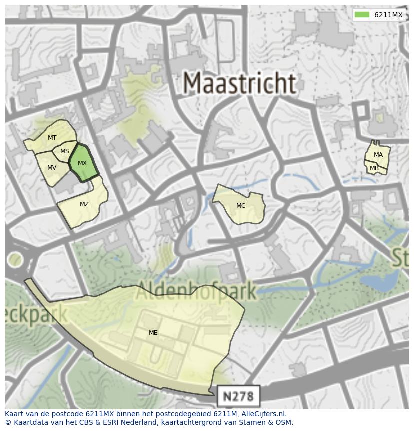 Afbeelding van het postcodegebied 6211 MX op de kaart.