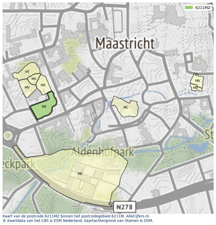Afbeelding van het postcodegebied 6211 MZ op de kaart.