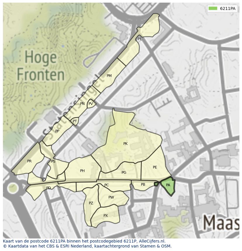 Afbeelding van het postcodegebied 6211 PA op de kaart.