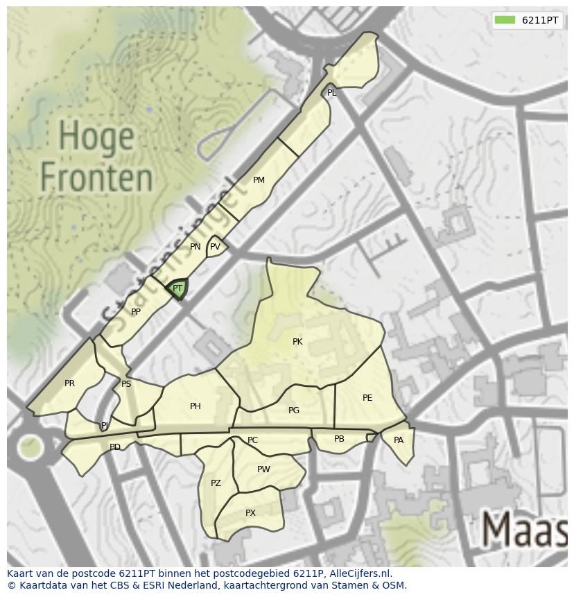 Afbeelding van het postcodegebied 6211 PT op de kaart.
