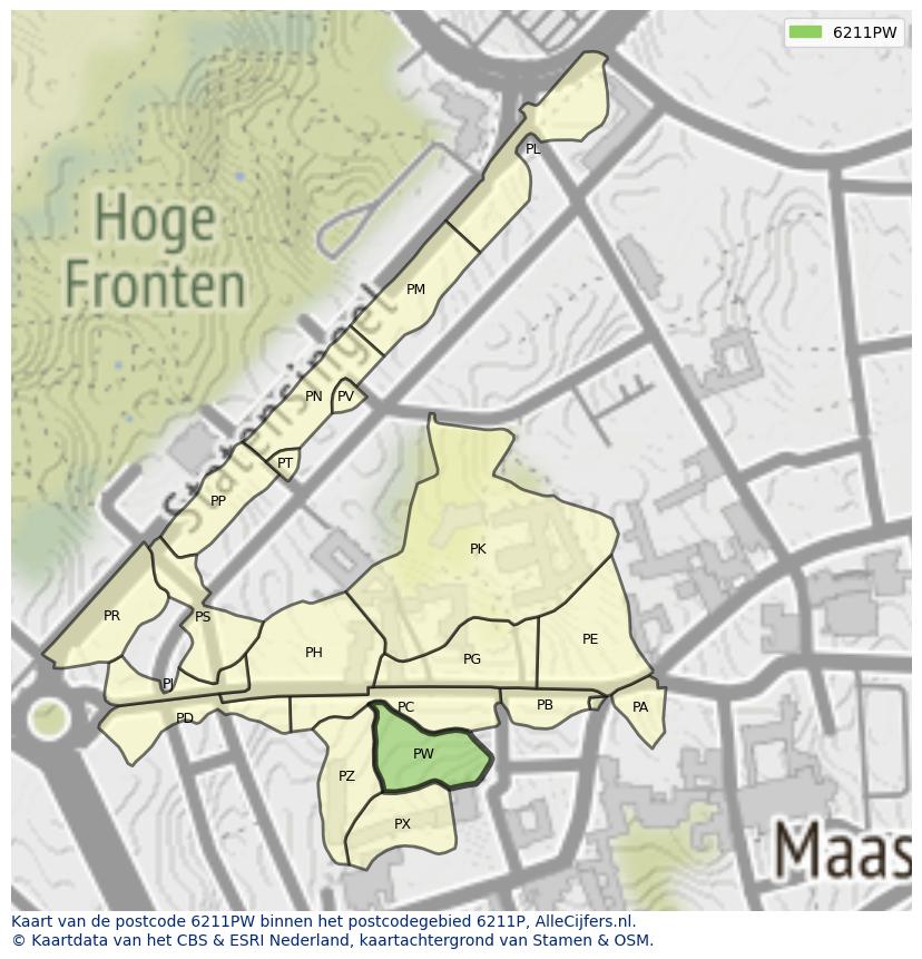 Afbeelding van het postcodegebied 6211 PW op de kaart.