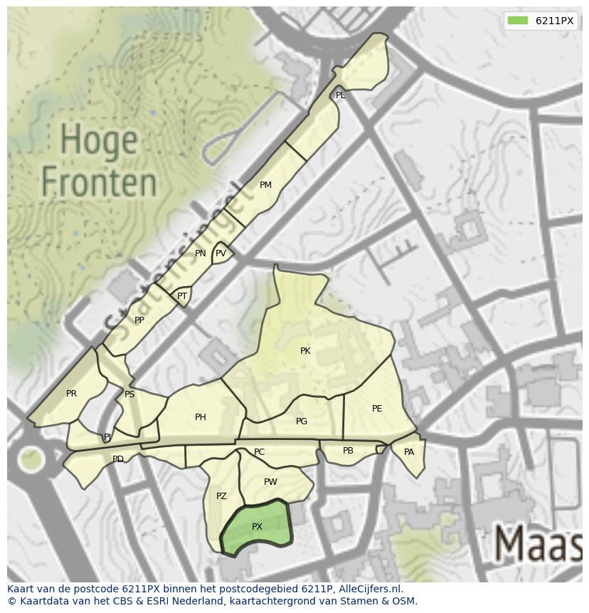 Afbeelding van het postcodegebied 6211 PX op de kaart.