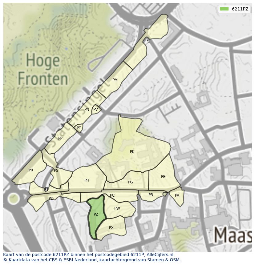 Afbeelding van het postcodegebied 6211 PZ op de kaart.