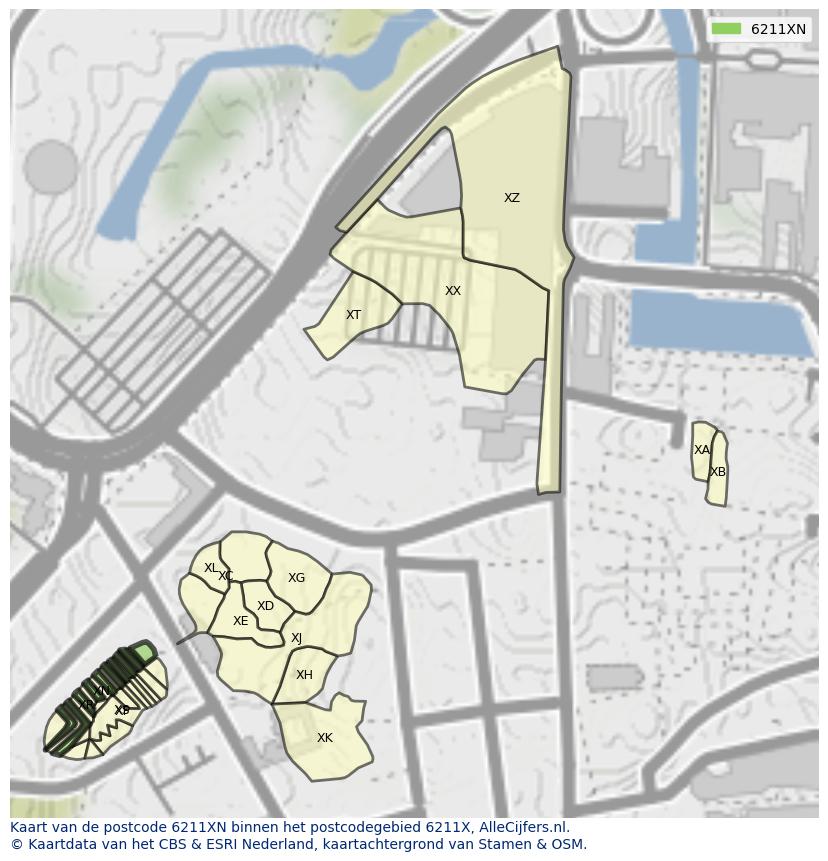 Afbeelding van het postcodegebied 6211 XN op de kaart.