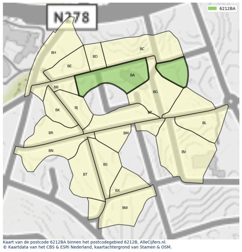 Afbeelding van het postcodegebied 6212 BA op de kaart.