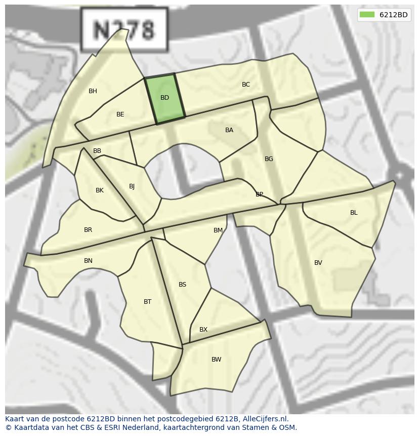 Afbeelding van het postcodegebied 6212 BD op de kaart.