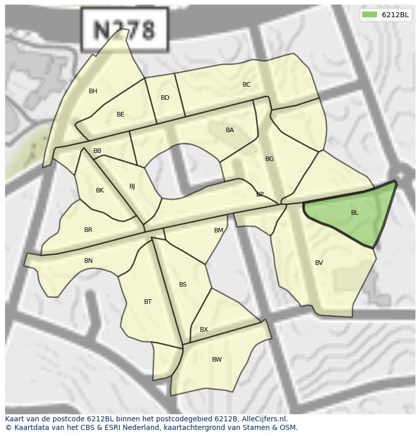 Afbeelding van het postcodegebied 6212 BL op de kaart.