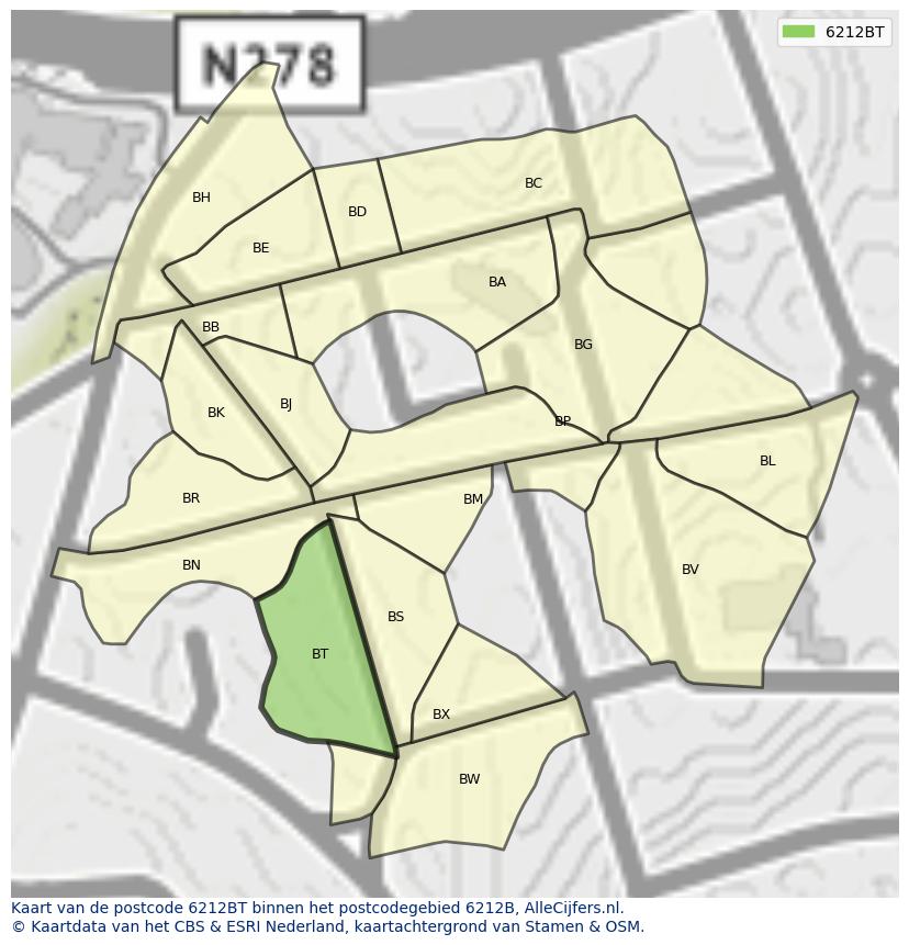 Afbeelding van het postcodegebied 6212 BT op de kaart.