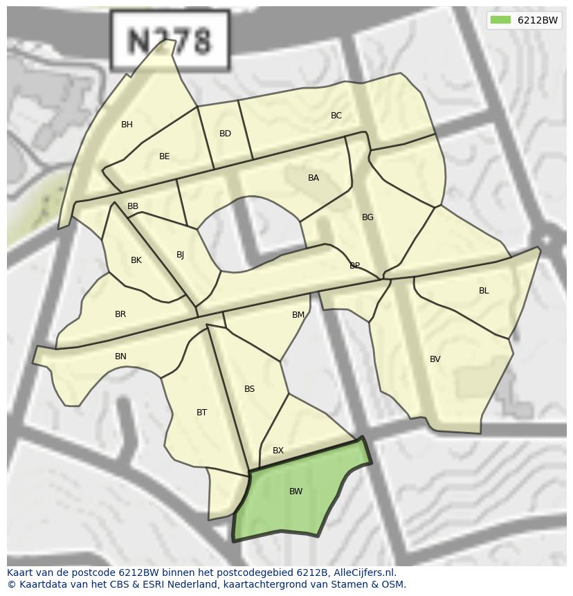 Afbeelding van het postcodegebied 6212 BW op de kaart.