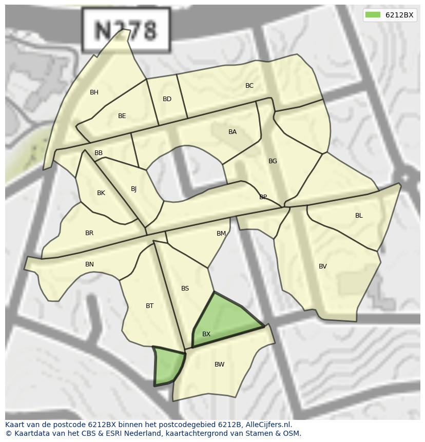 Afbeelding van het postcodegebied 6212 BX op de kaart.