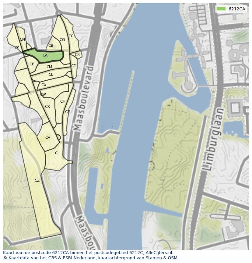 Afbeelding van het postcodegebied 6212 CA op de kaart.