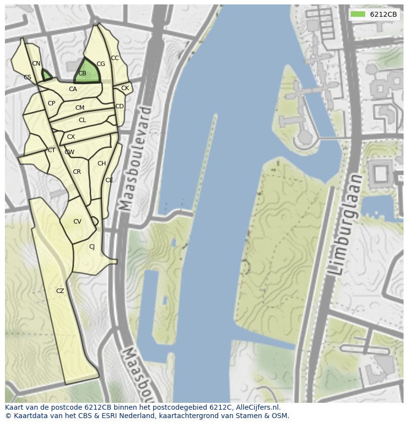 Afbeelding van het postcodegebied 6212 CB op de kaart.