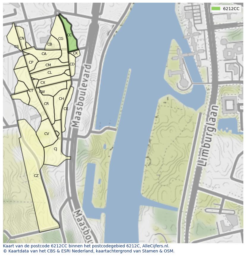 Afbeelding van het postcodegebied 6212 CC op de kaart.