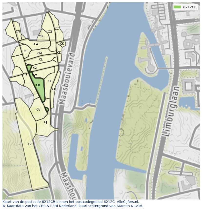 Afbeelding van het postcodegebied 6212 CR op de kaart.