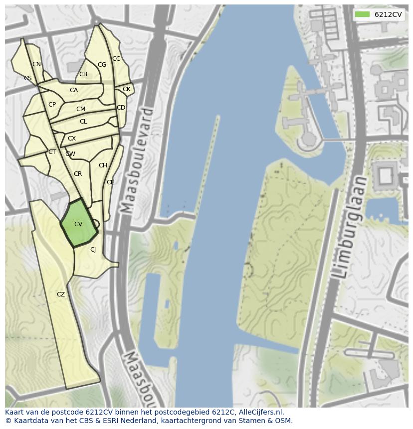 Afbeelding van het postcodegebied 6212 CV op de kaart.