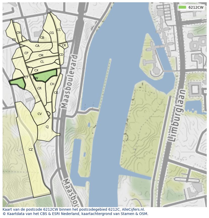 Afbeelding van het postcodegebied 6212 CW op de kaart.
