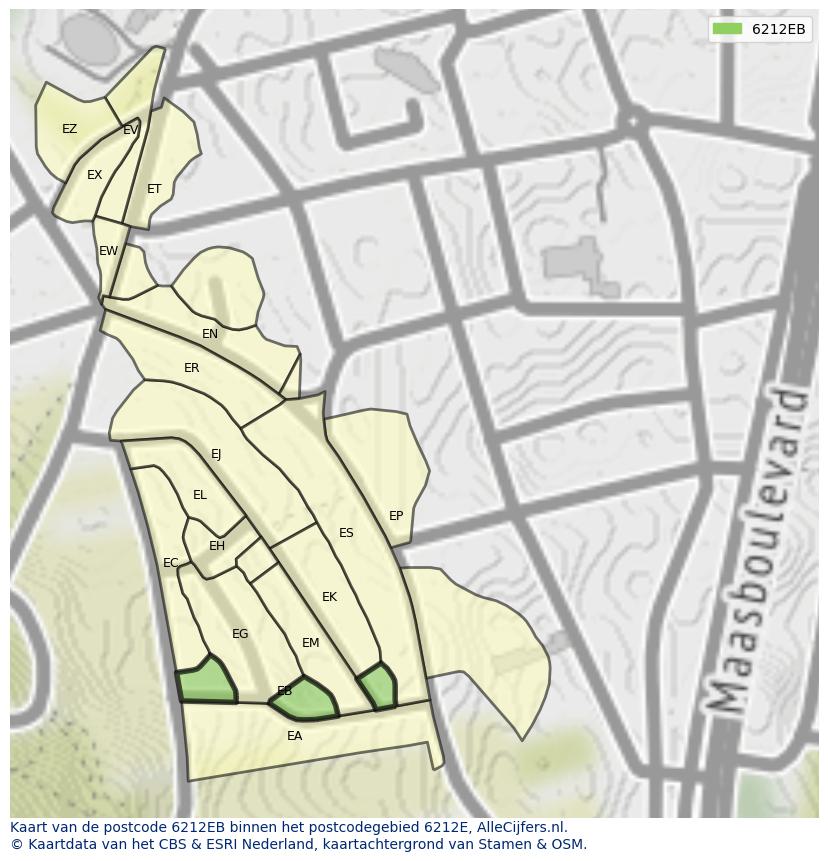 Afbeelding van het postcodegebied 6212 EB op de kaart.