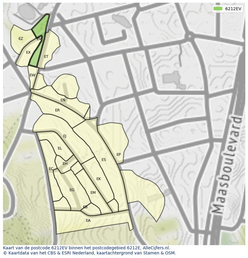 Afbeelding van het postcodegebied 6212 EV op de kaart.