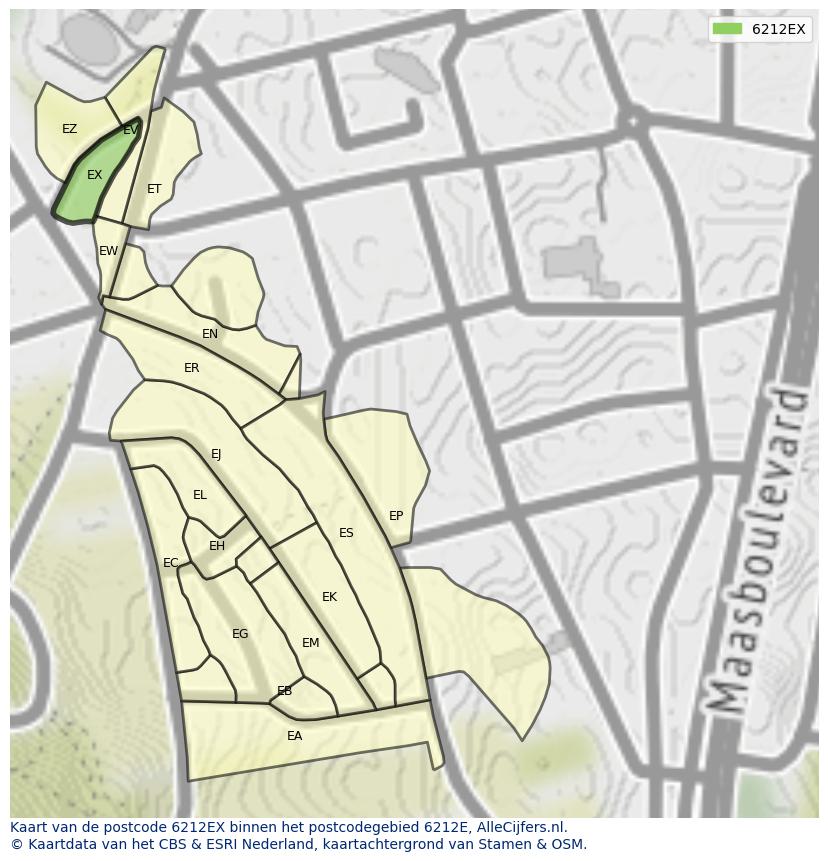 Afbeelding van het postcodegebied 6212 EX op de kaart.