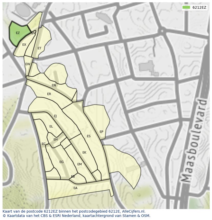 Afbeelding van het postcodegebied 6212 EZ op de kaart.
