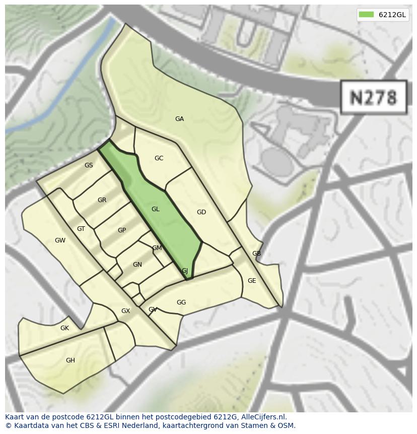 Afbeelding van het postcodegebied 6212 GL op de kaart.