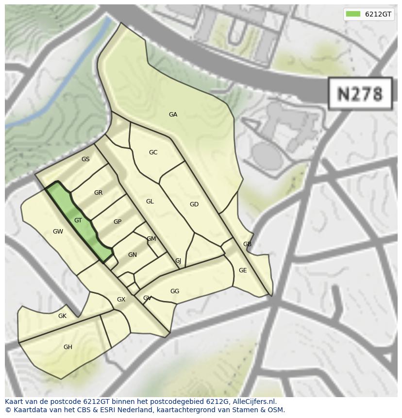 Afbeelding van het postcodegebied 6212 GT op de kaart.