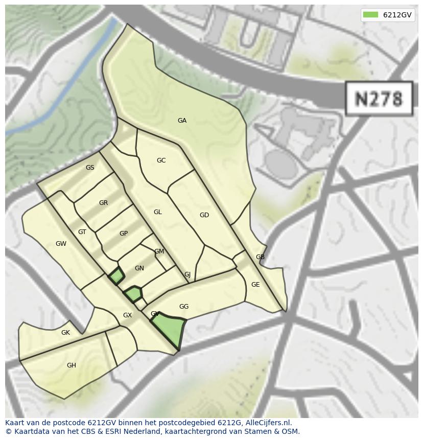 Afbeelding van het postcodegebied 6212 GV op de kaart.