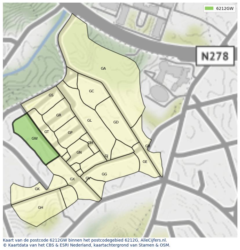 Afbeelding van het postcodegebied 6212 GW op de kaart.