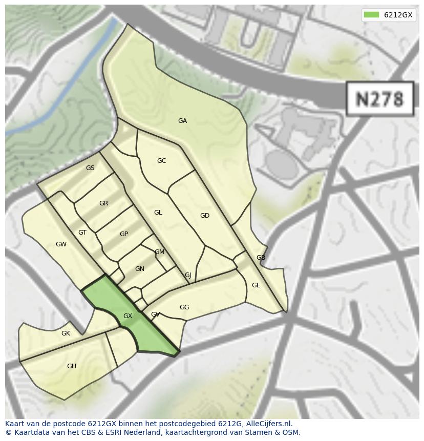 Afbeelding van het postcodegebied 6212 GX op de kaart.