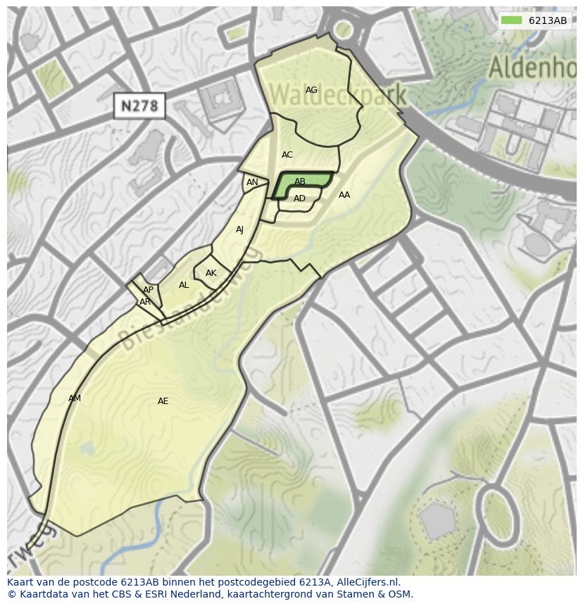 Afbeelding van het postcodegebied 6213 AB op de kaart.