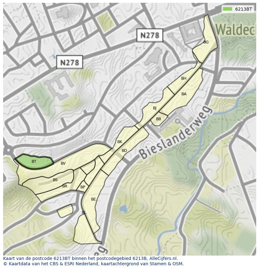 Afbeelding van het postcodegebied 6213 BT op de kaart.