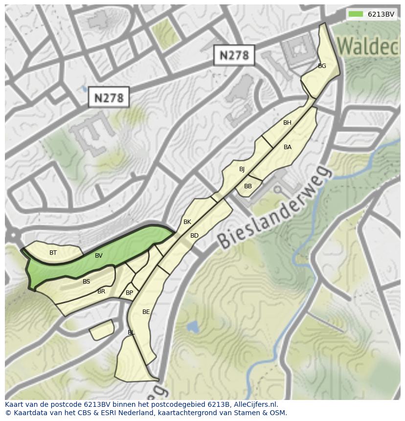Afbeelding van het postcodegebied 6213 BV op de kaart.