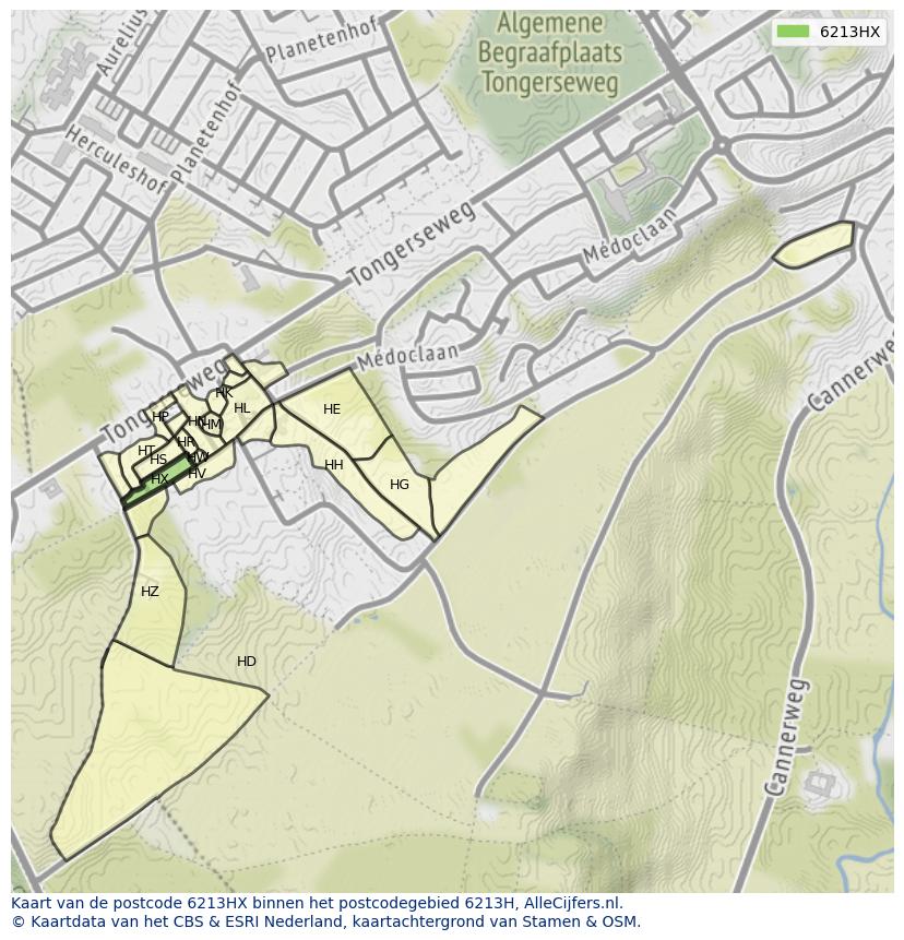 Afbeelding van het postcodegebied 6213 HX op de kaart.