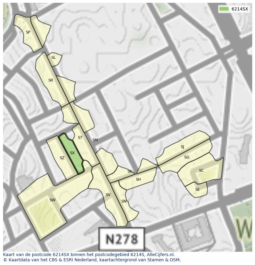 Afbeelding van het postcodegebied 6214 SX op de kaart.