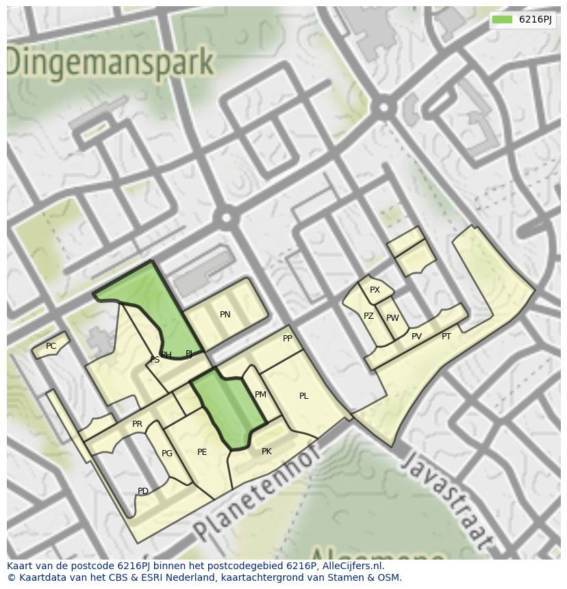 Afbeelding van het postcodegebied 6216 PJ op de kaart.