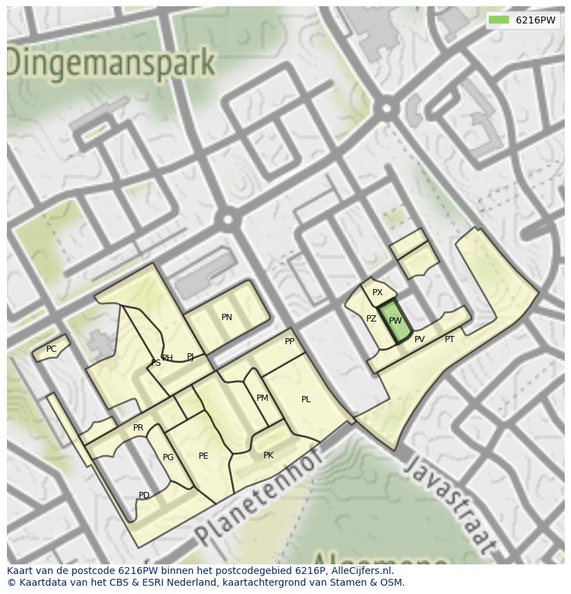 Afbeelding van het postcodegebied 6216 PW op de kaart.