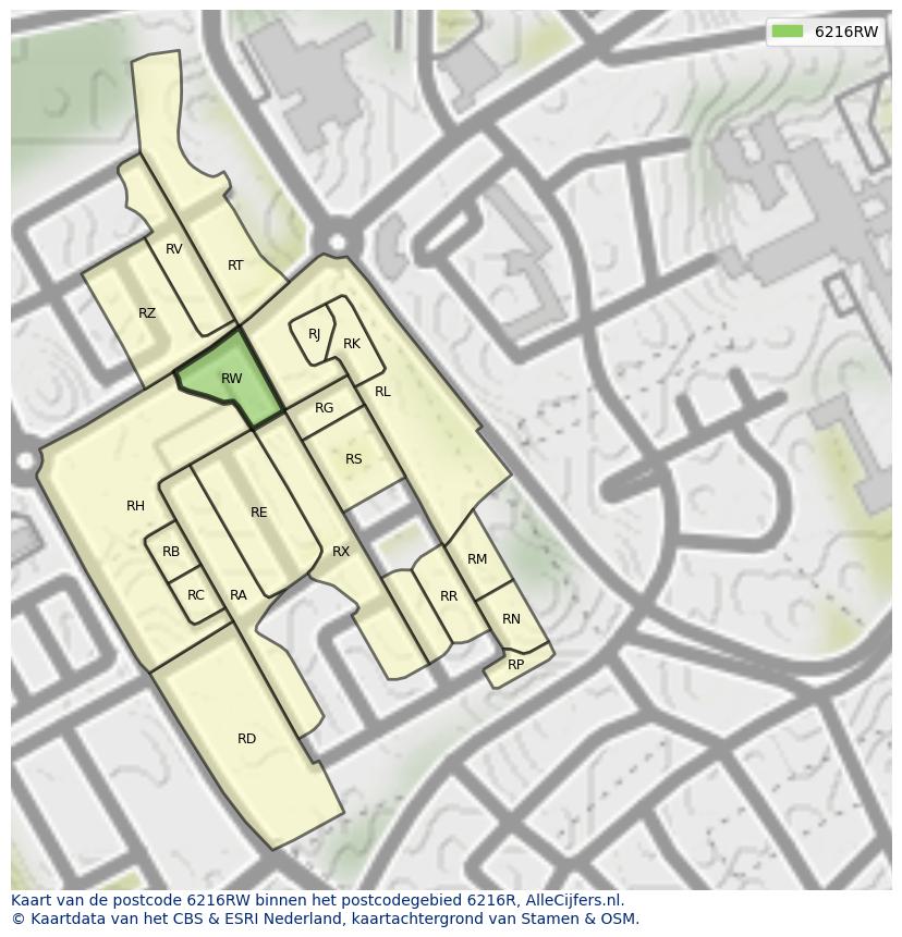 Afbeelding van het postcodegebied 6216 RW op de kaart.
