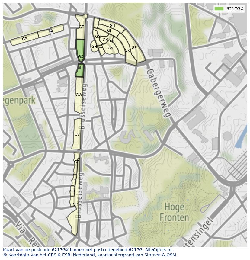 Afbeelding van het postcodegebied 6217 GX op de kaart.