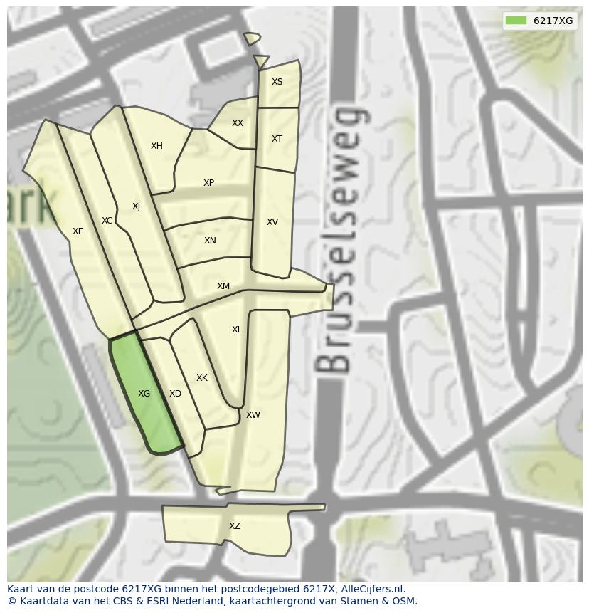 Afbeelding van het postcodegebied 6217 XG op de kaart.