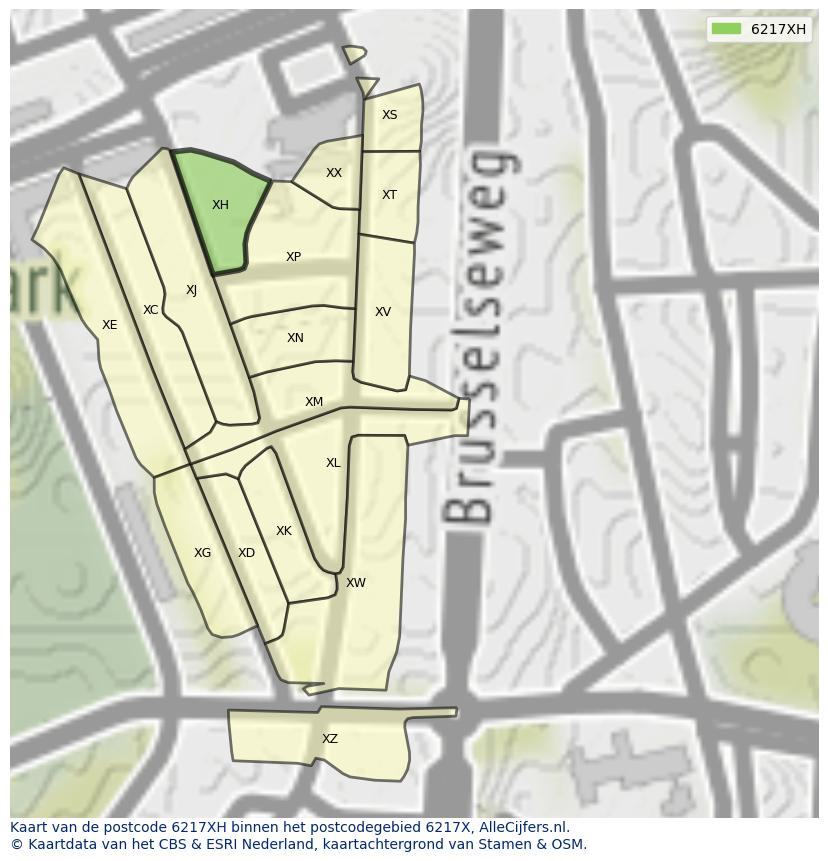 Afbeelding van het postcodegebied 6217 XH op de kaart.