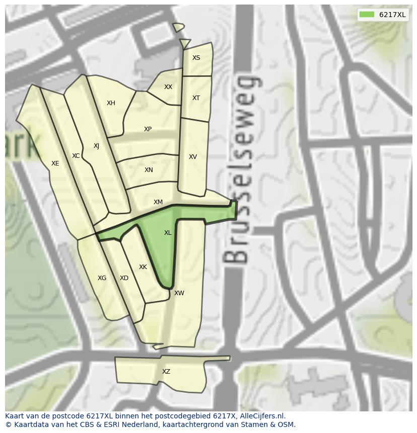 Afbeelding van het postcodegebied 6217 XL op de kaart.